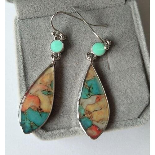Turkish Vintage Silver Color Glaze Natural Stone Geometric Drop Earrings marble Gypsy Bohemian Indian Jewelry For Women Wedding