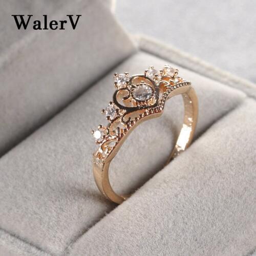 WalerV For Women Lovers Girl Custom Fashion Jewelry Ring Charm Crown Shape Gold Color Zircon Send a Woman The Best Wedding Rings