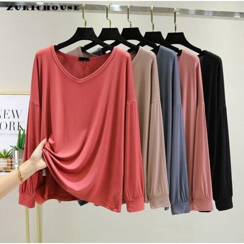 ZURICHOUSE 2021 Oversized T-shirt Women Solid Color Loose Casual Fashion Spring Summer Long Sleeve V-neck Basic Tee Tops Female