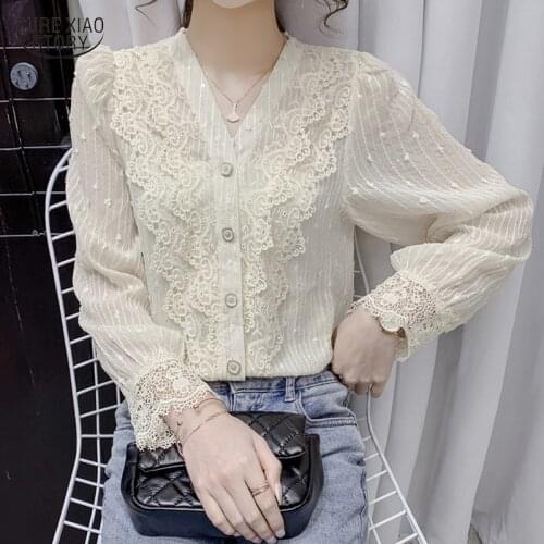 Autumn Hollow Out Flowers Womens Long Sleeve Tops French Gentle V-neck Lace Blouses Women Ruffle Stitching Apricot Shirts 16652