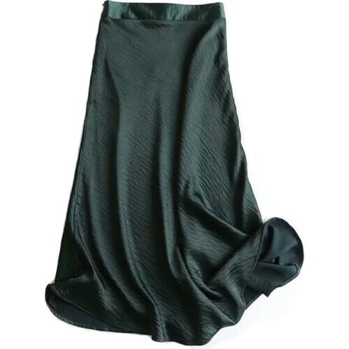 2019 Women High Waist Green A Line Skirts Japan Style Office Lady Summer Long Skirts Elegant Faldas Streetwear