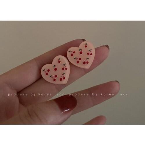 Sweet Red Cherry Printing Resin Earrings for Women Pink Color Love Heart Arcylic Stud Earrings Korean Holiday Jewelry