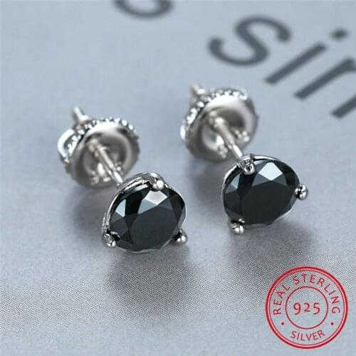 Cute Female 6/7/8mm Black Round Stone Earrings Real 925 Sterling Silver Earrings For Women Vintage Small Screw Stud Earrings