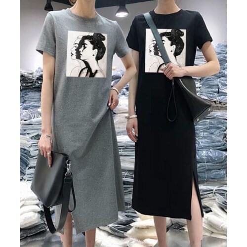 Summer Women Daisy Dress Short Sleeve Casual Bottoming Print Midi Black Tshirt Dresses O-Neck Woman Korean Clothes Vestidos 2020