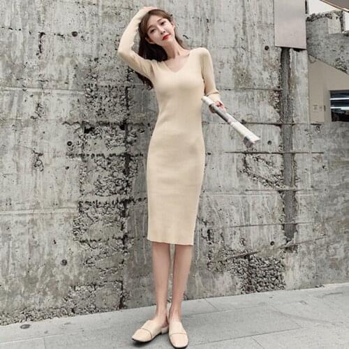 Knit Dresses Autumn Winter 2021 Office Lady Korean Fashion V-Neck Long Sleeve Slim Bottoming Black Elegant Midi Dress Women