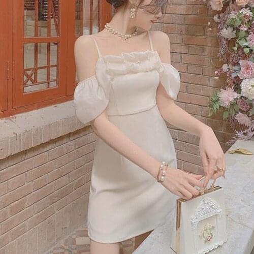 Strap Mini Vintage Kawaii Dress Women French Elegant Sexy Off Shoulder Dresses Korean Sweet Ruffle Slim Dresses for Casual 2021