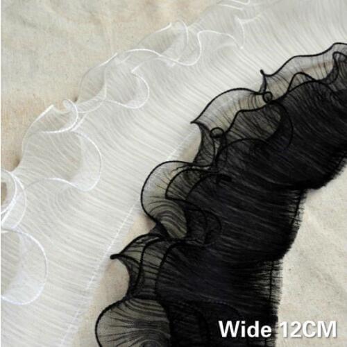 12CM Wide White Black Tulle Three Layers Elastic Ruffle Lace Applique Trim Ribbon For Wedding Dress DIY Sewing Guipure Supplies