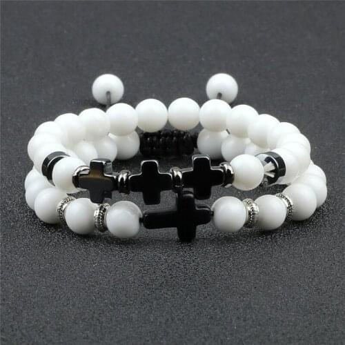 2Pcs/Set Couple Cross Bracelets 8mm Natural Lava Stone Bangles Handmade Braided Bracelet Fashion Jewelry Men Gifts Distance Yoga