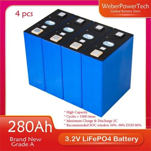 4pcs 3.2V 280Ah Lifepo4 Battery Pack Lithium Iron Phosphate Battery Power Solar Cell Electric Car 200 Ah Lifepo4 Battery Charger