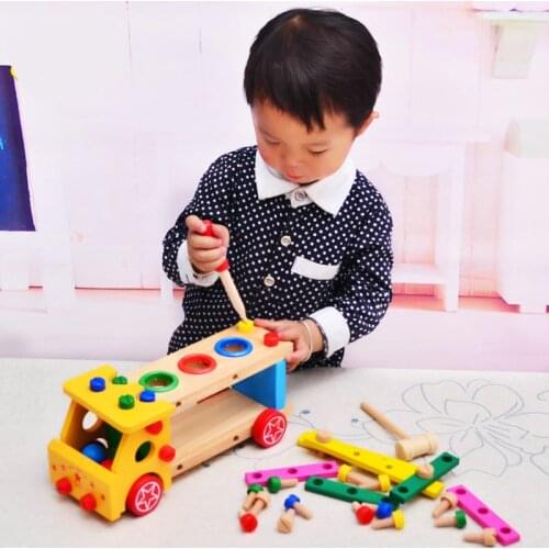 50PCS Multifunction Toys Knock Ball Screwing Blocks Tool Assembly Car Baby Disassembling combination Wooden Building Blocks Toys