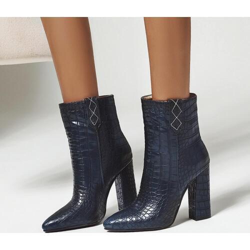 Banrd Designer Faux Leather Women Ankle Boots Pointed Toe Winter for Womens Boots Chunky Block High Heel Boots Black White Blue