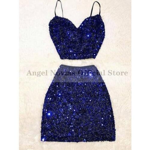 Two Pieces Royal Blue Shiny Mini Lace Prom Dresses 2021 African Black Girl Robes De Cocktail Party Birthday Graduation Dress