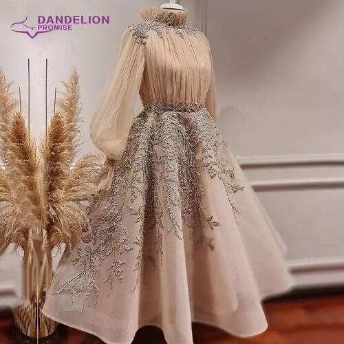 Dubai Champagne Long Sleeve Muslim Evening Dresses For Women 2021 Luxury High Neck Beading Arabic Formal Prom Gowns