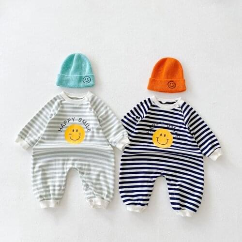 Newborn Baby Boy Rompers Infant Kids Long Sleeve Jumpsuit Smile Pattern Cotton Toddler Girl Striped Print Romper Autumn Clothes