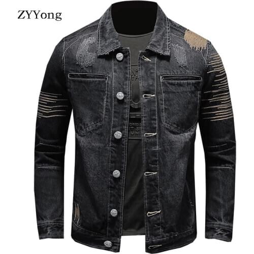 European Style Embroidery Bomber Pilot Tattered Black Denim Jacket Men Jeans Coat Motorcycle Casual Outwear Clothing Overcoat