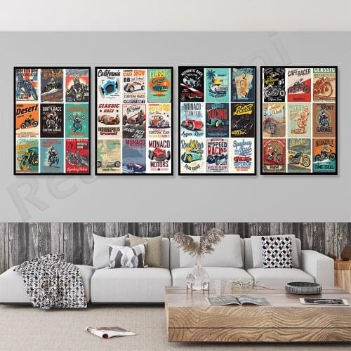 Retro-style motorcycle, racing Monaco Grand Prix car club prints, Hot Rod Man Cave motor sports prints, exquisite gifts, decorat