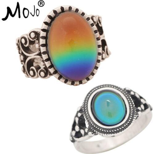 2PCS Antique Silver Plated Color Changing Mood Rings Changing Color Temperature Emotion Feeling Rings Set For Women/Men 003-006
