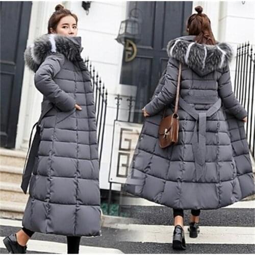 2021 Womens winter new style big fur collar long over-the-knee thick coat Korean style slim down padded jacket