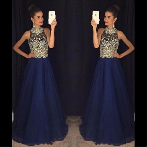 Modest Navy Blue Prom Dresses 2021 vestidos de fiesta Beading Crystal Imported Party Dress A Line Custom Made Formal Gowns