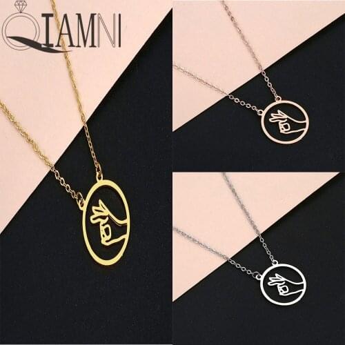 QIAMNI OK Gesture Hand Sign Language Necklace for Women Girls Kids Geometric Round Pendant Necklaces Okay Love Choker Jewelry