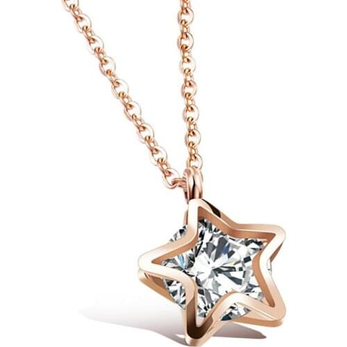 Stainless Steel Rose Gold Micro Inlay Zircon Stone Star Women Delicate Fashion Pendant Necklace Jewelry Gift For Him with Chain