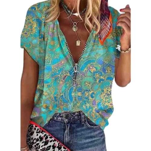 Womens Fashion Loose Casual Floral print short sleeves Vintage Printed Zipper V-neck Plus Size summer shirt tops tshirt