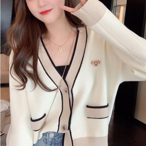 SLPBELY Women Cardigan Sweater Cartoon Bear Casual V Neck Knitted Cardigan Top 2021 Korean Knitwear Kawaii Harajuku Pullover New