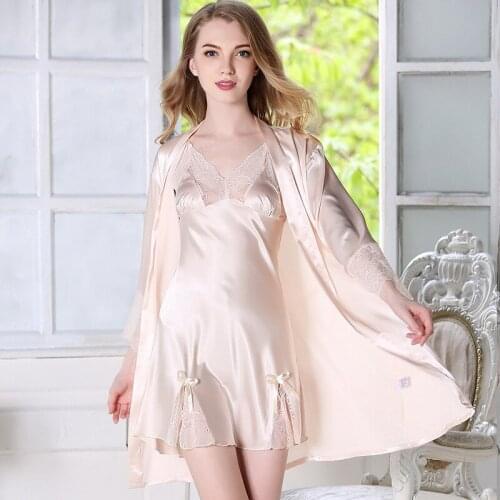 Sexy Satin Lace Kimono Gown 2PCS Summer Autumn Women Robe Sets Long Sleeve Bride Bathrobe V-Neck Hollow Out Nightie Solid Dress