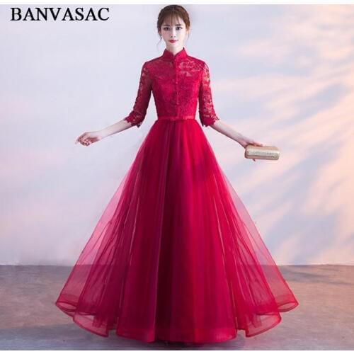 BANVASAC 2018 High Neck Cut Out Lace Embroidery Long Evening Dresses Vintage A Line Bow Sash Party Prom Gowns