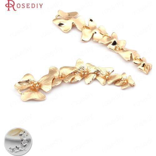 31722)4PCS Full length 56MM 24K Champagne Gold Color Plated Brass 5 Connect Flower Charms Pendants Diy Jewelry Accessories