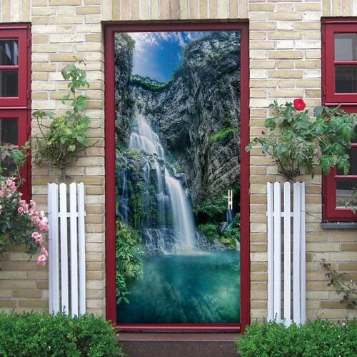 3D Mountain Stream Waterfall Door Sticker Home Design Wallpaper Adhesive Vinyl Door Poster Furniture Decor Painting Wall Decals
