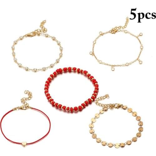 5Pcs/Set Beach Foot Chain Rope Heart Rhinestone Decor Ankle Bracelet Beaded Anklet Jewelry Accessories For Beach Travel