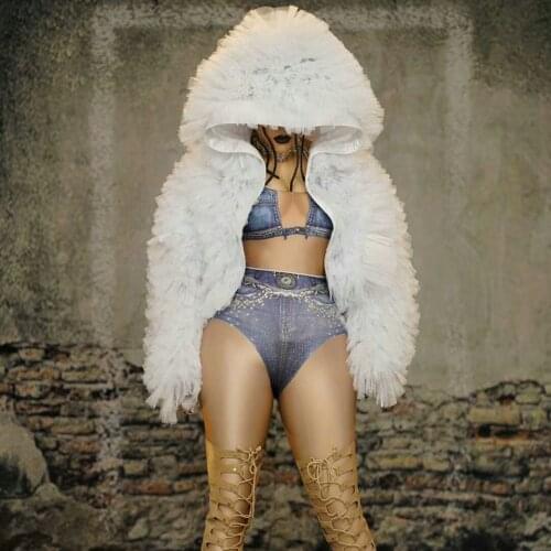 White Coat Mesh Lace Short Loose Jacket Hooded Women Stage Wear Sexy Nightclub Outfit Female Dance Costume