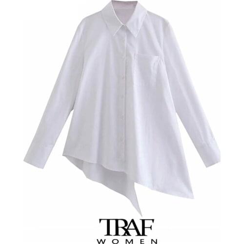 TRAF Za Women Fashion With Pocket Asymmetric White Blouses Vintage Long Sleeve Button-up Female Shirts Blusas Chic Tops