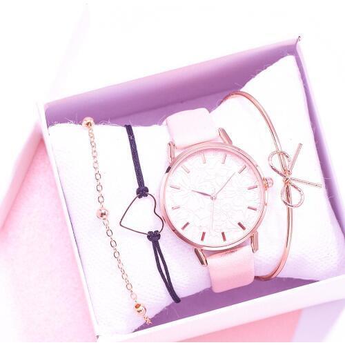 New Women Watches 4pcs Bracelet Set Printing Ladies Bracelet Watch Casual Leather Quartz Wristwatch Clock Gift Relogio Feminino