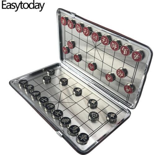 Easytoday Chinese Chess Game Set Portable Magnetic Metal Chess Pieces Folding Metal Chessboard Entertainment Game Gift