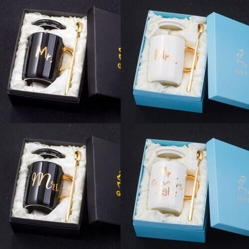 400ML Mr and Mrs Porcelain Coffee Mug with Lid Gold Spoon Ceramic Cup Mugs for Couple Lover Wedding Gifts