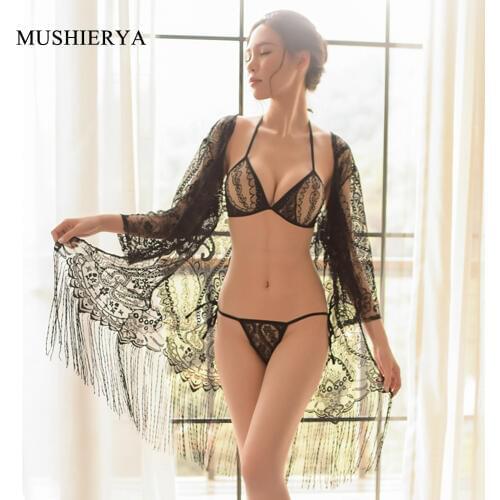 Three-piece Dress + Bra + G-string See Through Sexy Lace Robe Set Women Sexy Nightgown Sheer Mesh Female Sexy Hot Lingerie Set