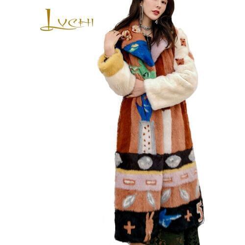 LVCHI 2019 Winter Imported velvet Mink Coat Real Fur Coats Women Turn-Down Collar Print Patchwork Pattern X-Long Mink Fur Coats