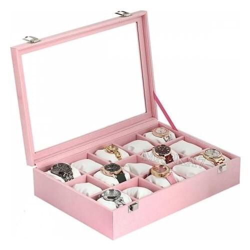 Enlightened Decor Glazed Suede Pink 15 Padded Compartments Watch Bracelet Table