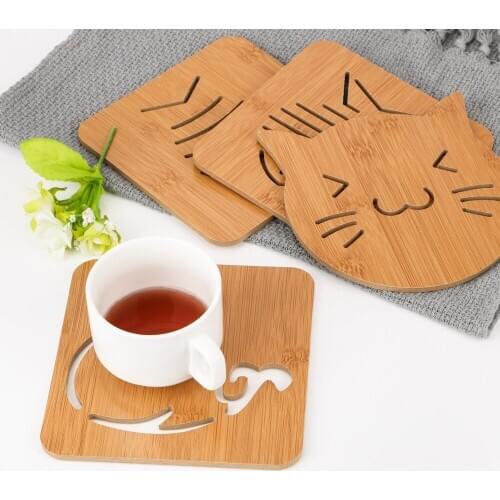 Bowl Pad Tea Coffee Cup Mat Cute Cat Fish Cup Pad 14.5*14.5cm Gadgets Kitchen Accessories Hollow Out Wooden Carved Coasters