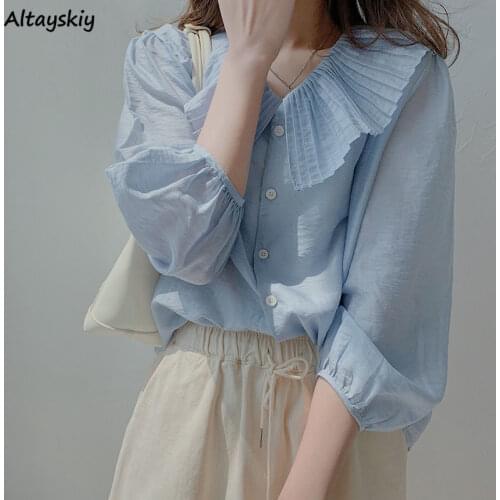 Women Shirts Oversize Summer Sheer Fashion Folds Office Lady Clothing Sweet Peter Pan Collar Breathable French Style Fairy New