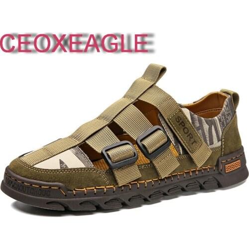 Mens Sandals Summer Hollow Genuine Leather Male Soft Venting Elastic Middle-Aged Business Non-Slip Casual Shoes Men Slipper 48