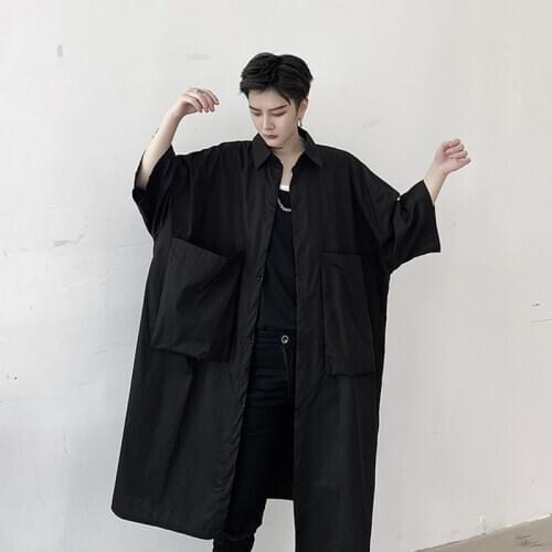 Chic trend loose Pocket Shirt Mens personality Japanese dark five point sleeve net hongyamamoto fashion brand long