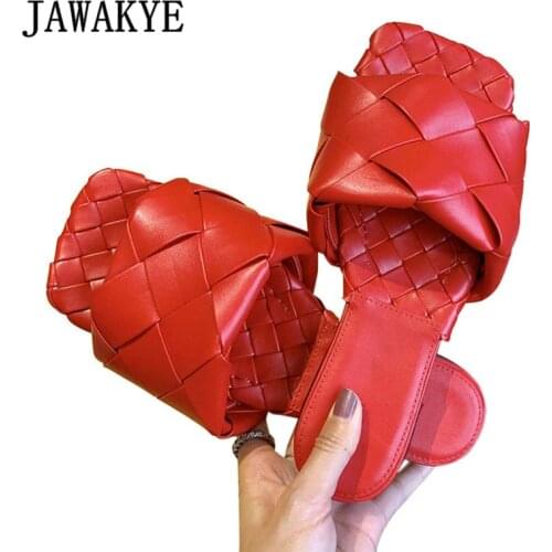 Top Quality Braided Leather Flat Slippers Square Toe Weave Summer Beach Slides Cozy Runway Design Mules Sandals Woman Multicolor