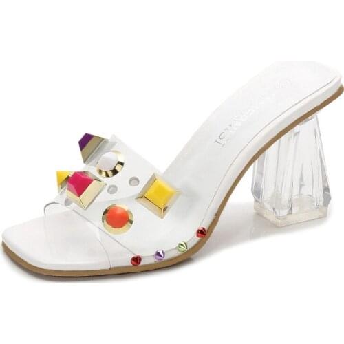 High heel slippers women rivet transparent slippers sexy fashion shoes women crystal 8cm thick heels large size