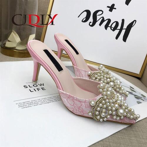 CJDLY Shoes Woman 2020 Summer Thin High Heels String Bead Female Pointed Solid Flock Womens Shoes Party Lady Elegant Sandals