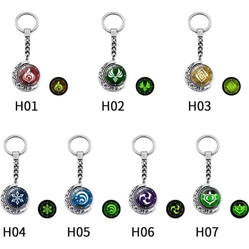 Genshin Impact Element Rotatable Double Sided Glass Keychain Silver Color Hollow Moon Pendant Car Key Chain Accessories