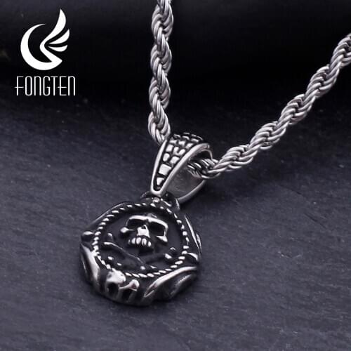 Fongten Vintage Punk Skull Round Pendant Necklace Stainless Steel Viking Skeleton Men Fashion Necklaces Jewelry