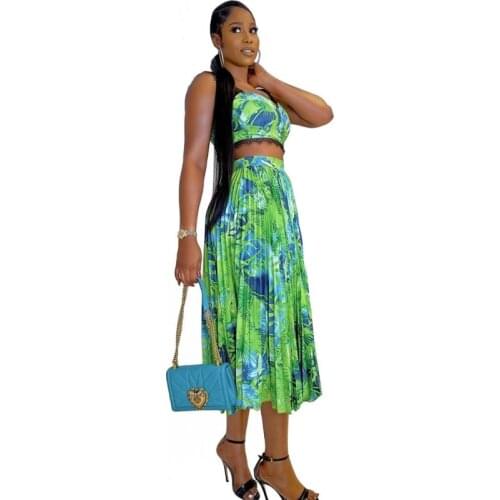 Pleated Skirt African Clothes Women 2 Piece Set Camis Crop Top High Waist Skirt New Elegant Streetwear African Clothes Women Set
